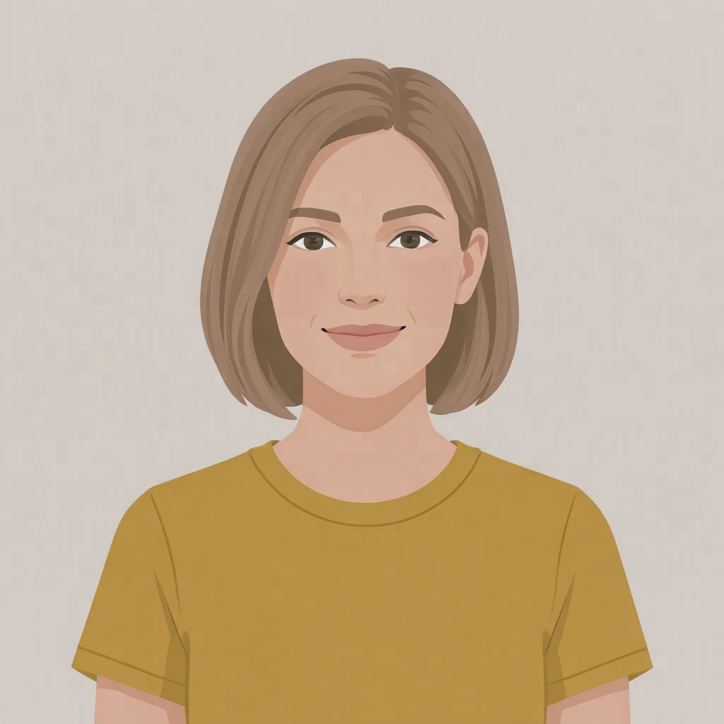 Illustration of one woman in a bright mustard t-shirt with light brown hair in a short bob, her head and shoulders seen straight from the front with both eyes looking at the viewer and a calm closed-mouth smile, closely cropped so the head and shoulders fill most of the picture, hands not visible, a plain pale background behind her, the lower edge left as empty background with nothing written on it (flat illustration)