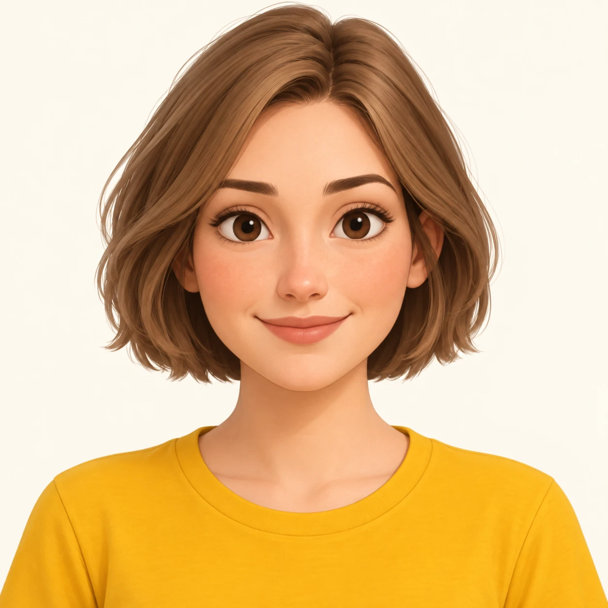 無地を背にした正面向きのからし色のTシャツの女性のイラスト（アイソメトリック）