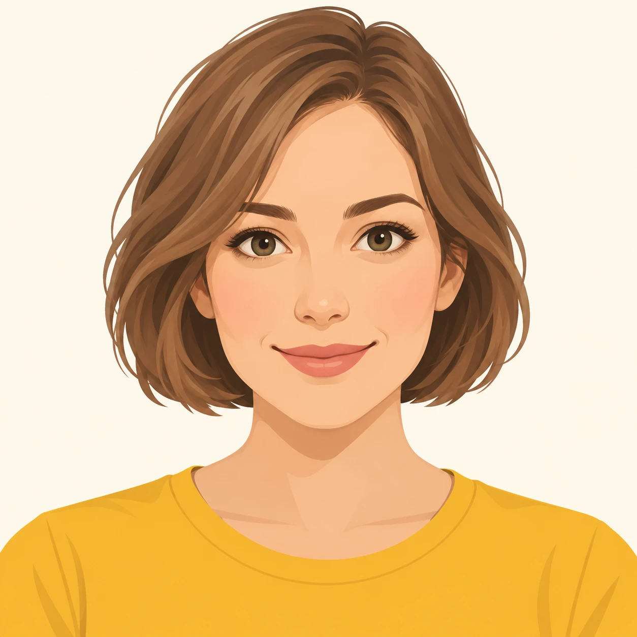 Illustration of one woman in a bright mustard t-shirt with light brown hair in a short bob, her head and shoulders seen straight from the front with both eyes looking at the viewer and a calm closed-mouth smile, closely cropped so the head and shoulders fill most of the picture, hands not visible, a plain pale background behind her, the lower edge left as empty background with nothing written on it (flat illustration)