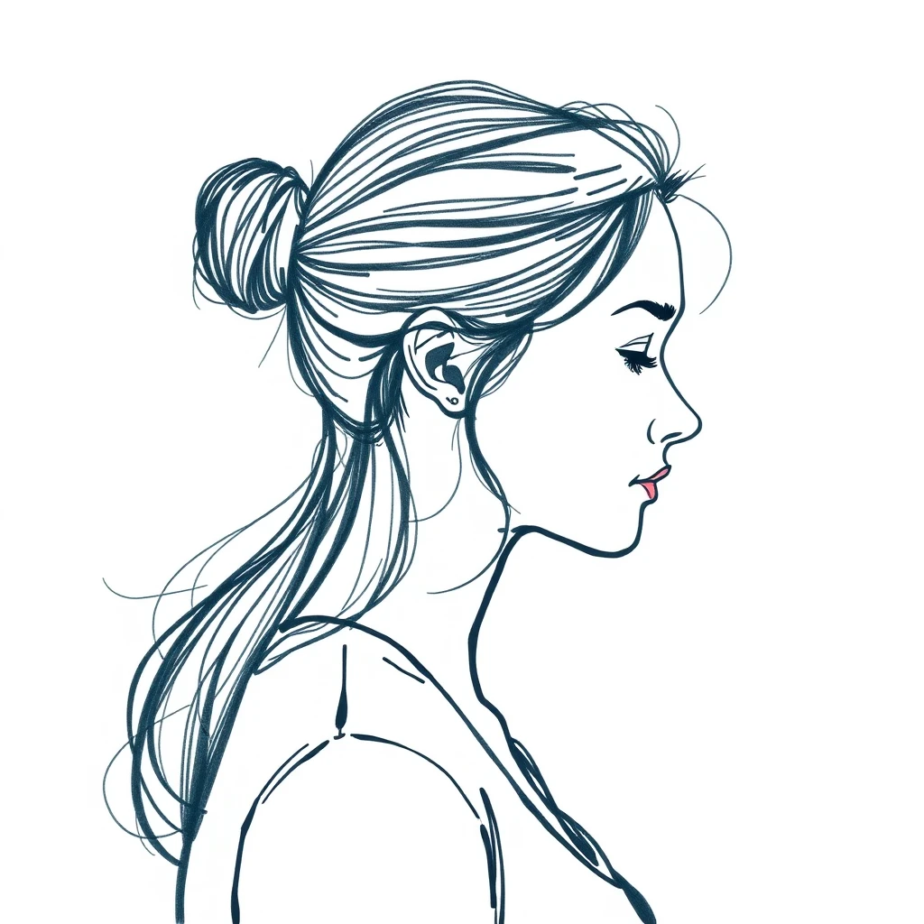 無地を背にした横向きのお団子ヘアの女性のイラスト（手描き風）