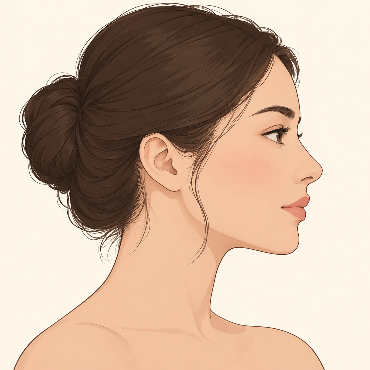 Illustration of one woman with her hair gathered into a bun at the back of her head, her head and shoulders seen in full profile from the side with her gaze level ahead and a calm closed-mouth expression, closely cropped so the head and shoulders fill most of the picture, hands not visible, a plain pale background behind her, the lower edge left as empty background with nothing written on it (simple line art)