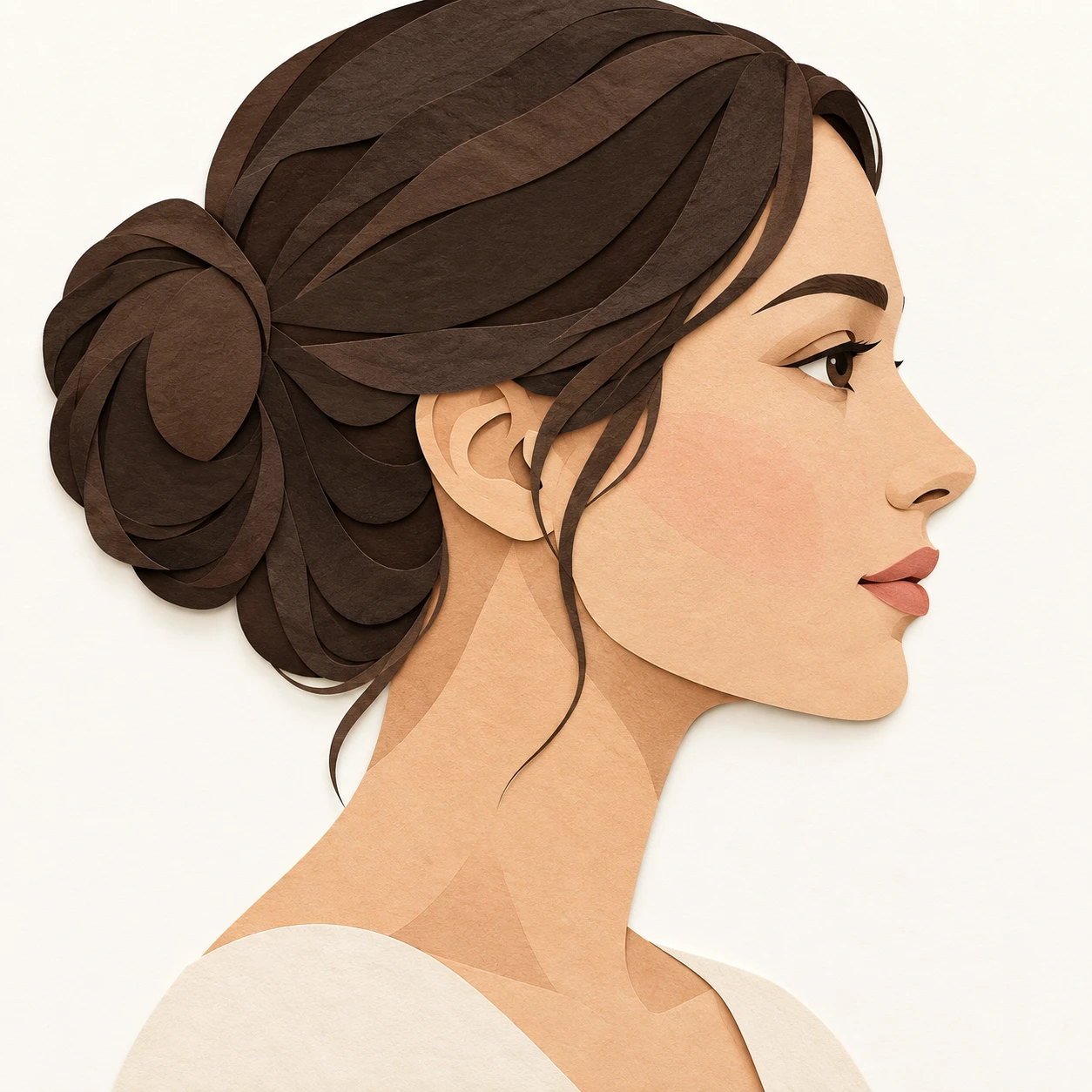 Illustration of one woman with her hair gathered into a bun at the back of her head, her head and shoulders seen in full profile from the side with her gaze level ahead and a calm closed-mouth expression, closely cropped so the head and shoulders fill most of the picture, hands not visible, a plain pale background behind her, the lower edge left as empty background with nothing written on it (paper cut-out)