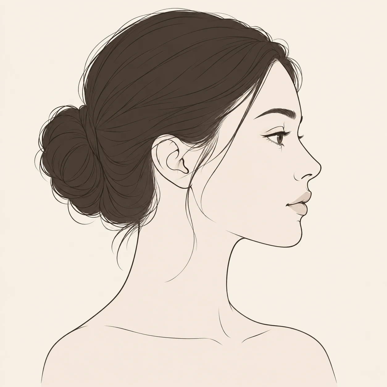 Illustration of one woman with her hair gathered into a bun at the back of her head, her head and shoulders seen in full profile from the side with her gaze level ahead and a calm closed-mouth expression, closely cropped so the head and shoulders fill most of the picture, hands not visible, a plain pale background behind her, the lower edge left as empty background with nothing written on it (simple line art)