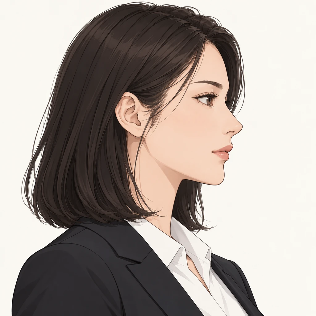 Illustration of one woman in a dark business suit over a crisp white blouse with sleek shoulder length hair, her head and shoulders seen in full profile from the side with her gaze level ahead and a calm closed-mouth expression, closely cropped so the head and shoulders fill most of the picture, hands not visible, a plain pale background behind her, the lower edge left as empty background with nothing written on it (simple line art)