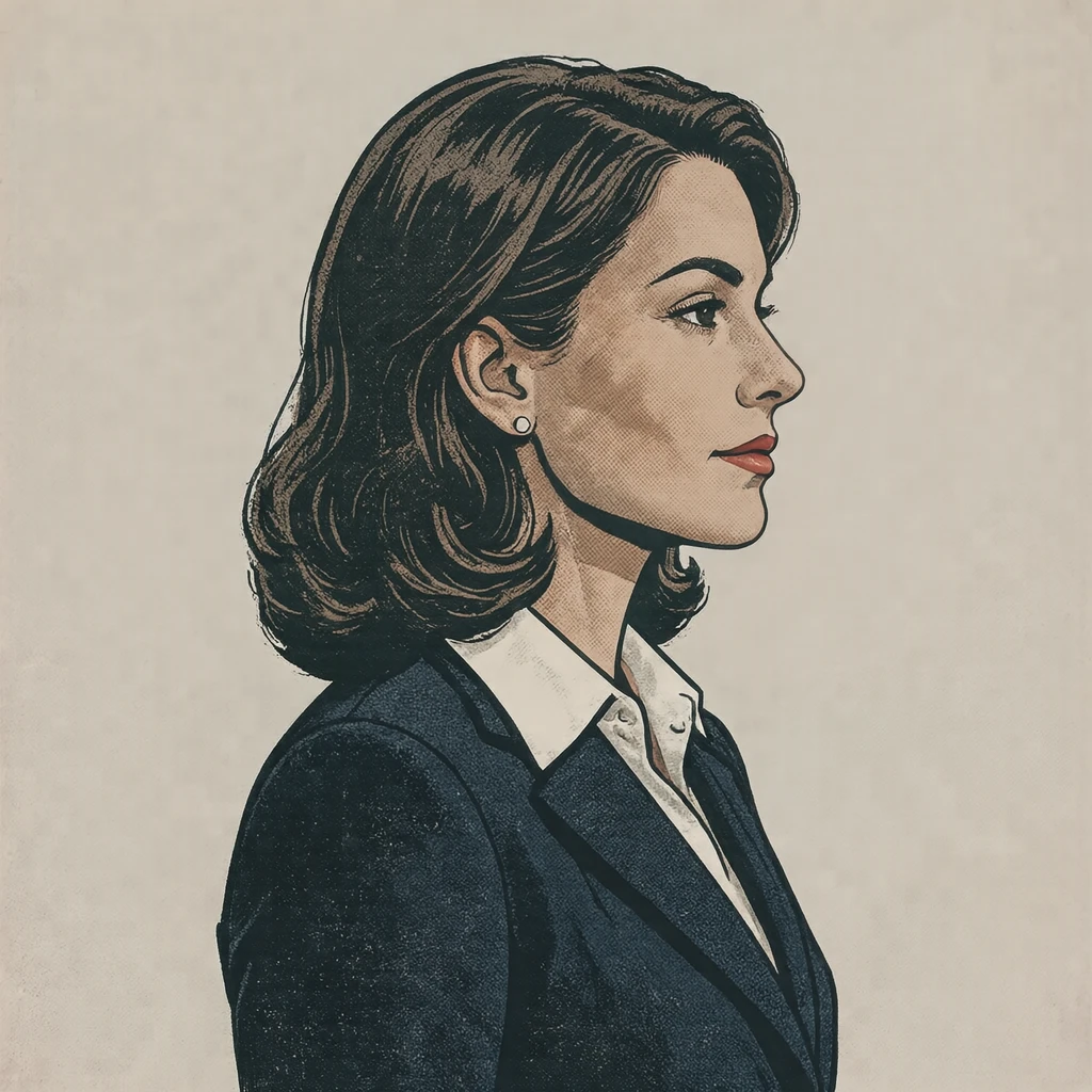 Illustration of one woman in a dark business suit over a crisp white blouse with sleek shoulder length hair, her head and shoulders seen in full profile from the side with her gaze level ahead and a calm closed-mouth expression, closely cropped so the head and shoulders fill most of the picture, hands not visible, a plain pale background behind her, the lower edge left as empty background with nothing written on it (retro print)