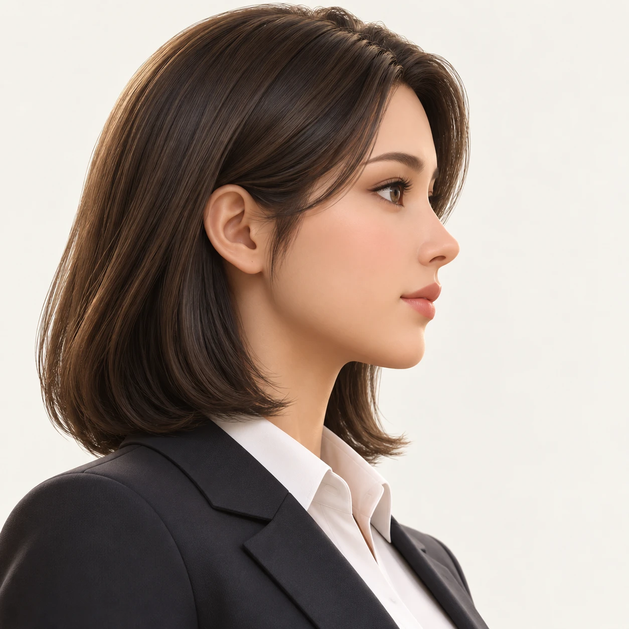 Illustration of one woman in a dark business suit over a crisp white blouse with sleek shoulder length hair, her head and shoulders seen in full profile from the side with her gaze level ahead and a calm closed-mouth expression, closely cropped so the head and shoulders fill most of the picture, hands not visible, a plain pale background behind her, the lower edge left as empty background with nothing written on it (soft 3D)
