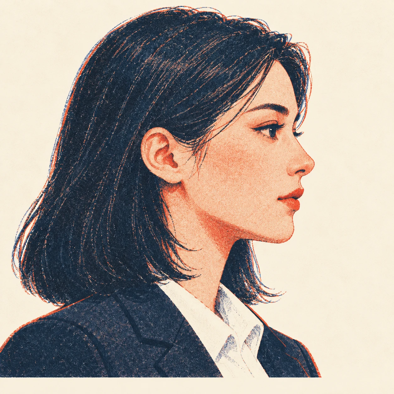 ダークスーツの女性のプロフィール用画像（レトロ印刷）