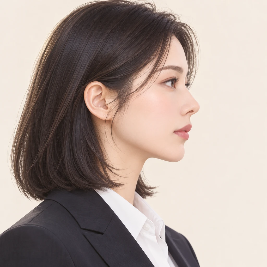 ダークスーツの女性のプロフィール用画像（ソフトパステル）