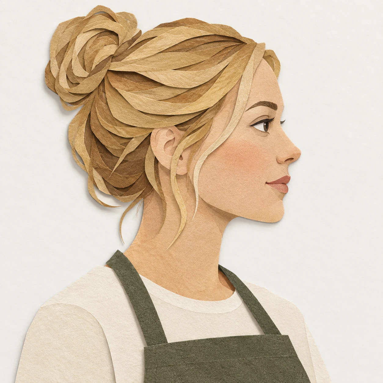 Illustration of one woman in a canvas cafe apron over a plain shirt with honey blonde hair gathered in a bun, her head and shoulders seen in full profile from the side with her gaze level ahead and a calm closed-mouth expression, closely cropped so the head and shoulders fill most of the picture, hands not visible, a plain pale background behind her, the lower edge left as empty background with nothing written on it (paper cut-out)