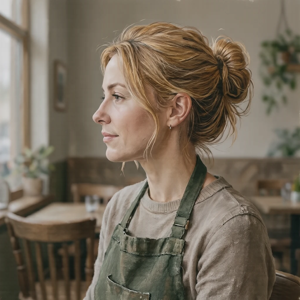 Illustration of one woman in a canvas cafe apron over a plain shirt with honey blonde hair gathered in a bun, her head and shoulders seen in full profile from the side with her gaze level ahead and a calm closed-mouth expression, closely cropped so the head and shoulders fill most of the picture, hands not visible, a plain pale background behind her, the lower edge left as empty background with nothing written on it (gouache)