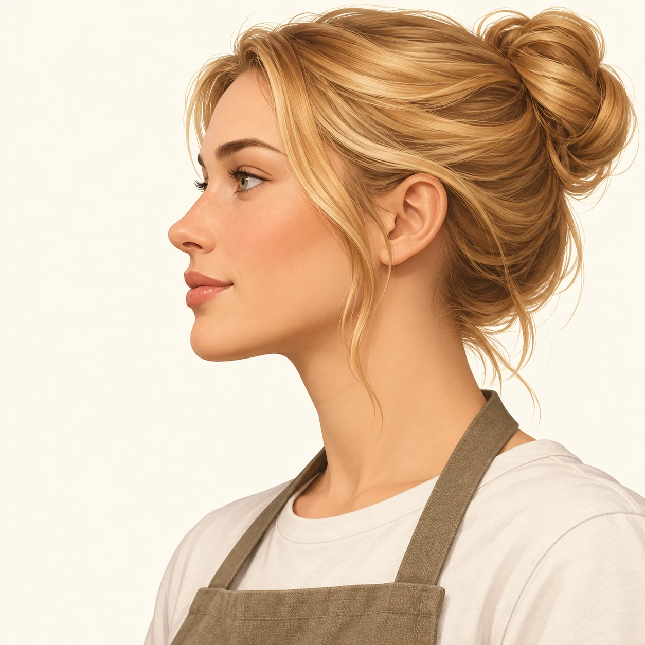 Illustration of one woman in a canvas cafe apron over a plain shirt with honey blonde hair gathered in a bun, her head and shoulders seen in full profile from the side with her gaze level ahead and a calm closed-mouth expression, closely cropped so the head and shoulders fill most of the picture, hands not visible, a plain pale background behind her, the lower edge left as empty background with nothing written on it (isometric)