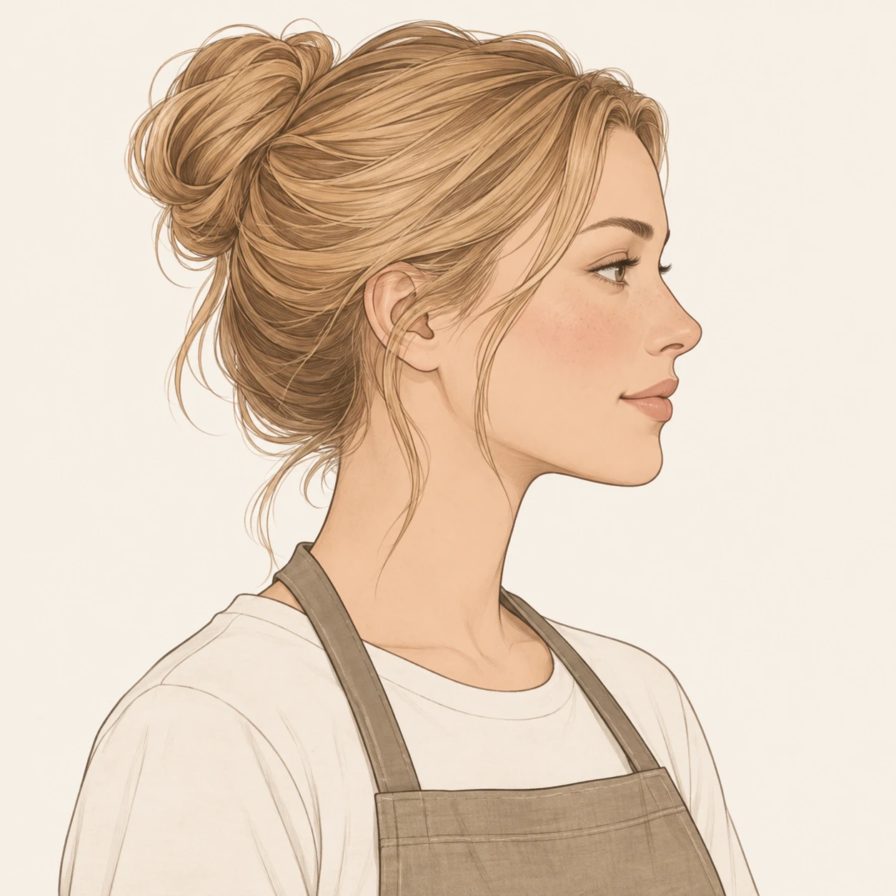 Illustration of one woman in a canvas cafe apron over a plain shirt with honey blonde hair gathered in a bun, her head and shoulders seen in full profile from the side with her gaze level ahead and a calm closed-mouth expression, closely cropped so the head and shoulders fill most of the picture, hands not visible, a plain pale background behind her, the lower edge left as empty background with nothing written on it (simple line art)