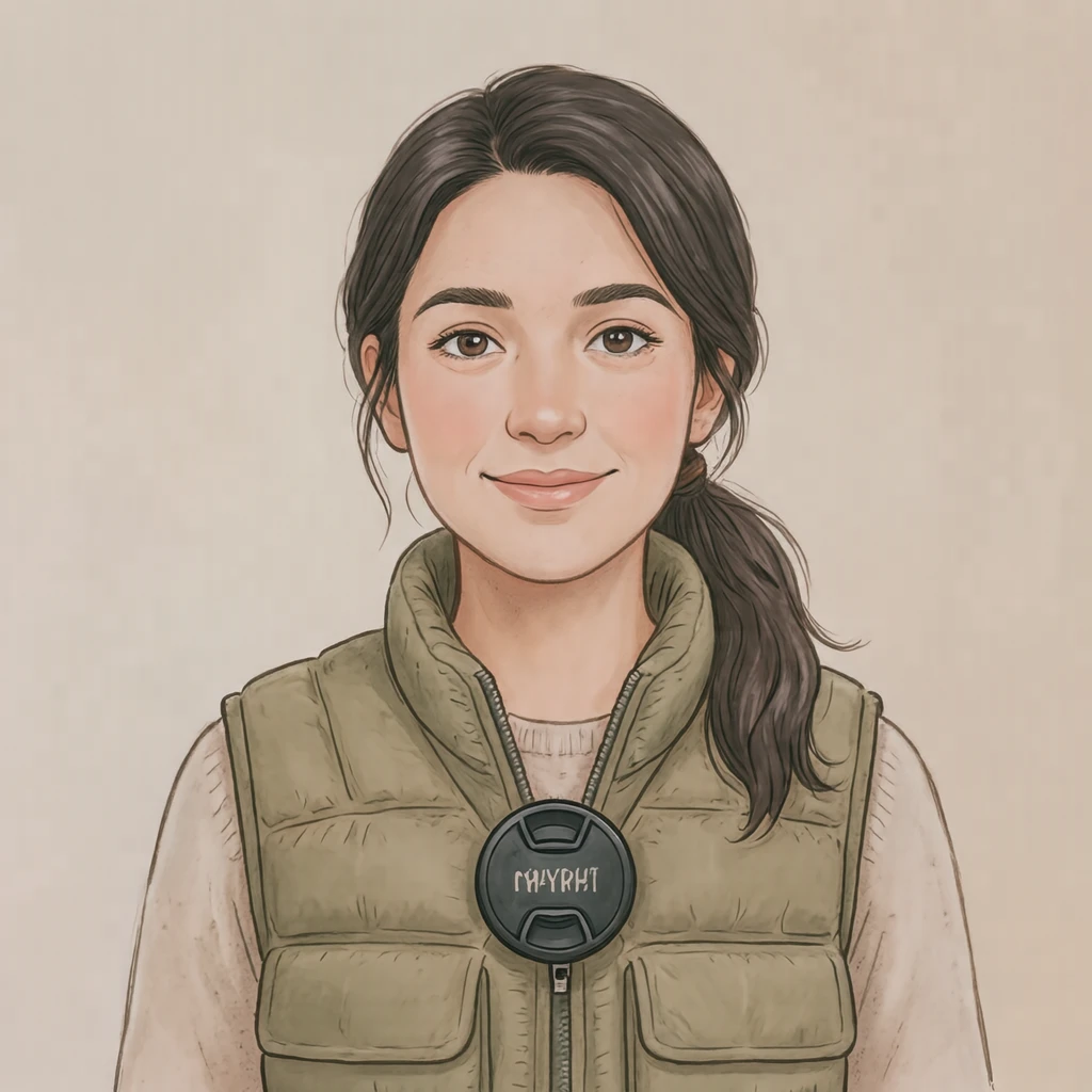 Illustration of one woman in a padded camera vest with a lens cap clipped at the chest and dark hair tied back in a ponytail, her head and shoulders seen straight from the front with both eyes looking at the viewer and a calm closed-mouth smile, closely cropped so the head and shoulders fill most of the picture, hands not visible, a plain pale background behind her, the lower edge left as empty background with nothing written on it (soft pastel)