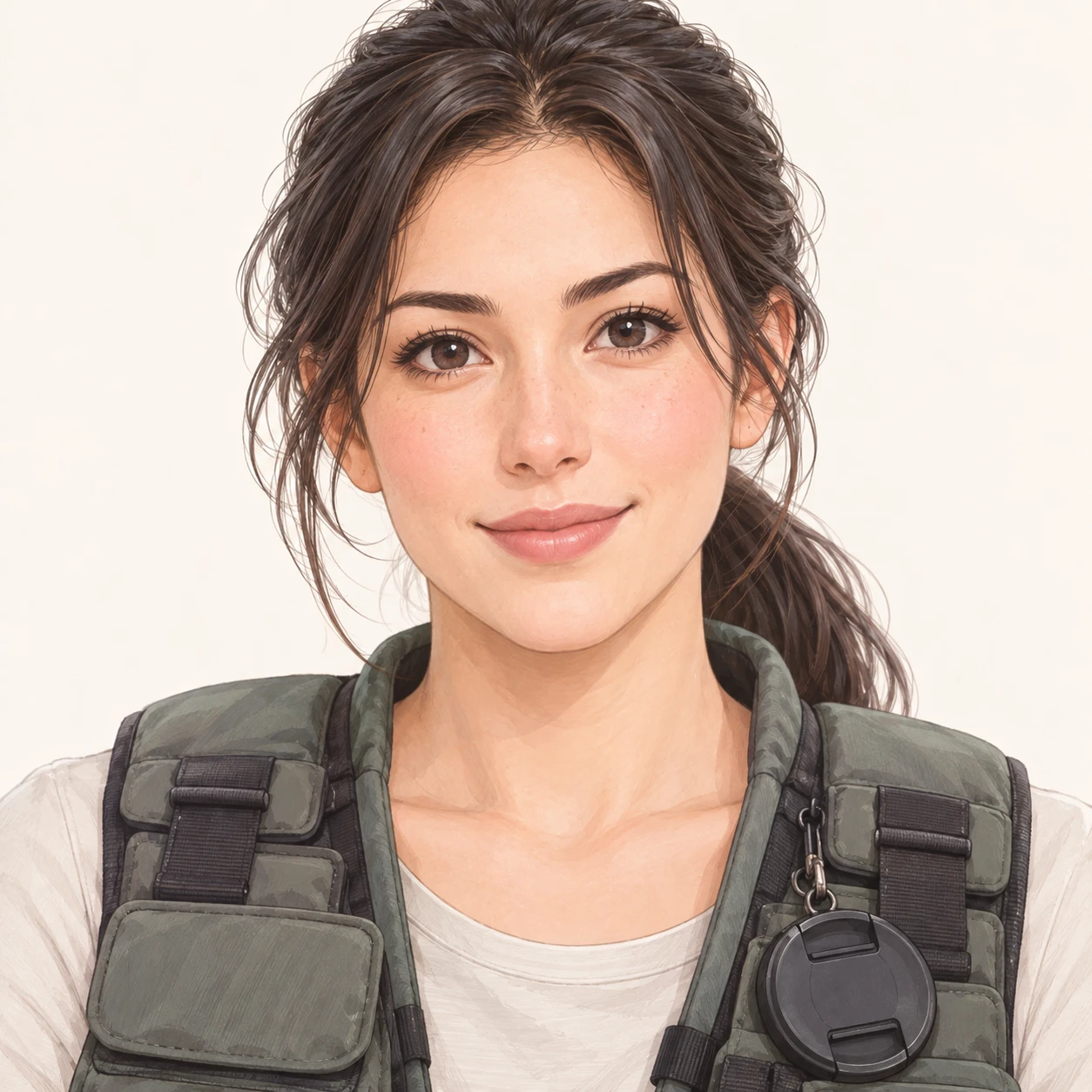 Illustration of one woman in a padded camera vest with a lens cap clipped at the chest and dark hair tied back in a ponytail, her head and shoulders seen straight from the front with both eyes looking at the viewer and a calm closed-mouth smile, closely cropped so the head and shoulders fill most of the picture, hands not visible, a plain pale background behind her, the lower edge left as empty background with nothing written on it (soft pastel)