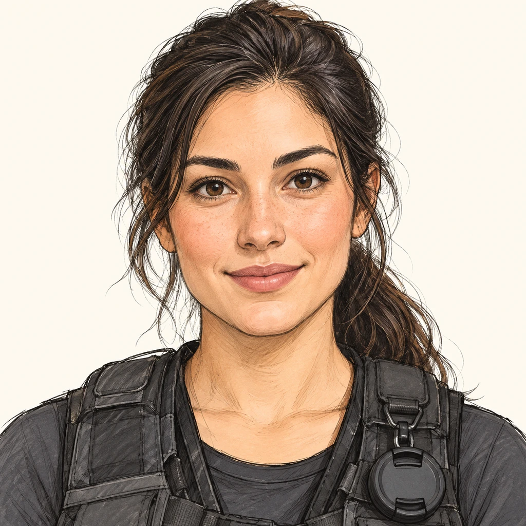 Illustration of one woman in a padded camera vest with a lens cap clipped at the chest and dark hair tied back in a ponytail, her head and shoulders seen straight from the front with both eyes looking at the viewer and a calm closed-mouth smile, closely cropped so the head and shoulders fill most of the picture, hands not visible, a plain pale background behind her, the lower edge left as empty background with nothing written on it (hand-drawn)