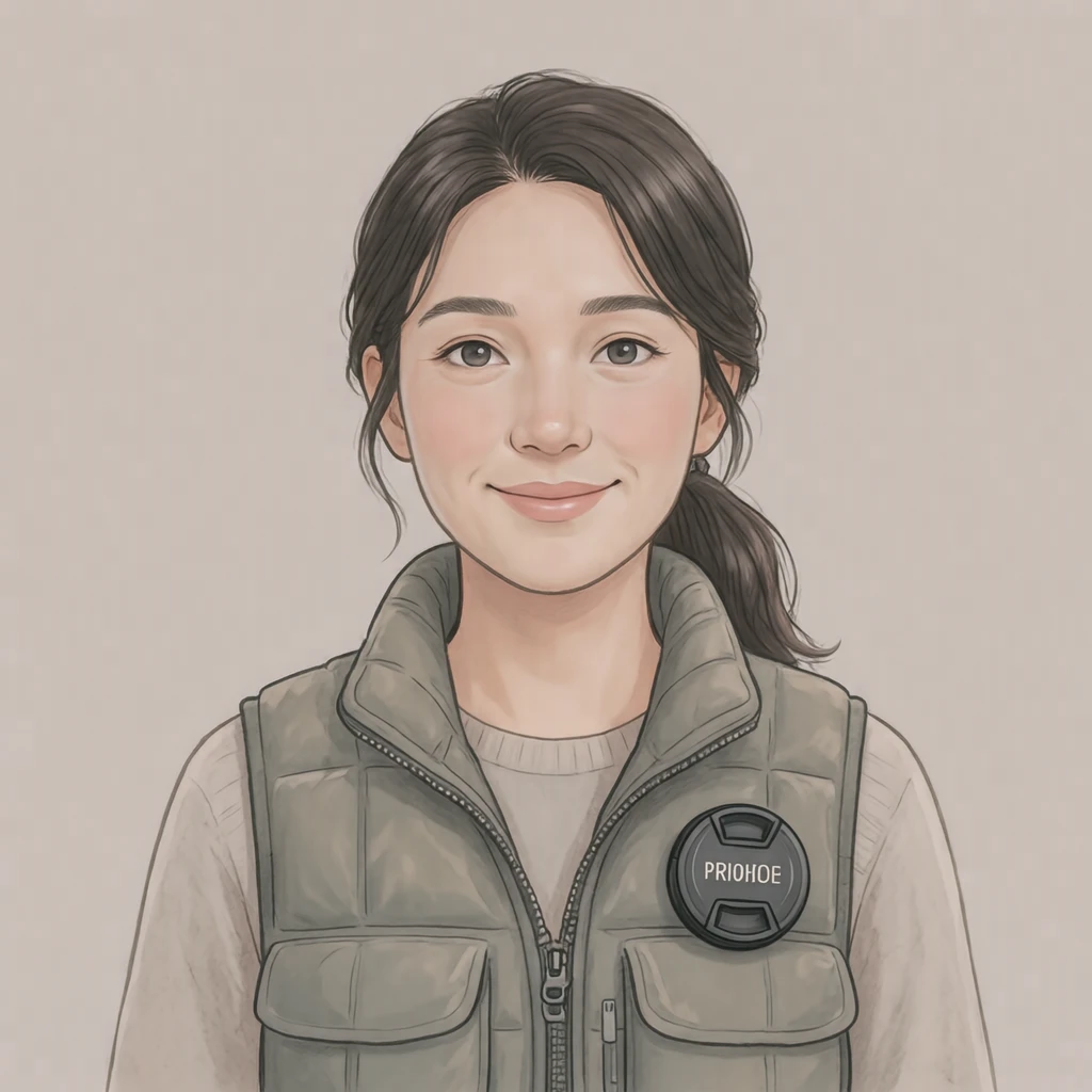Illustration of one woman in a padded camera vest with a lens cap clipped at the chest and dark hair tied back in a ponytail, her head and shoulders seen straight from the front with both eyes looking at the viewer and a calm closed-mouth smile, closely cropped so the head and shoulders fill most of the picture, hands not visible, a plain pale background behind her, the lower edge left as empty background with nothing written on it (soft pastel)