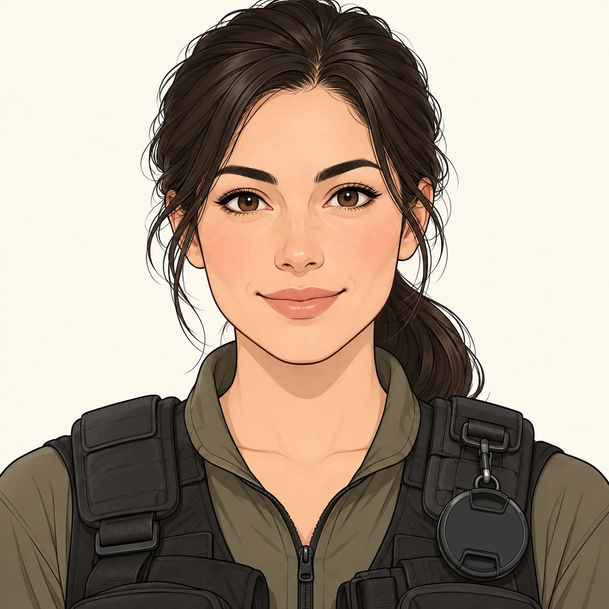 Illustration of one woman in a padded camera vest with a lens cap clipped at the chest and dark hair tied back in a ponytail, her head and shoulders seen straight from the front with both eyes looking at the viewer and a calm closed-mouth smile, closely cropped so the head and shoulders fill most of the picture, hands not visible, a plain pale background behind her, the lower edge left as empty background with nothing written on it (simple line art)