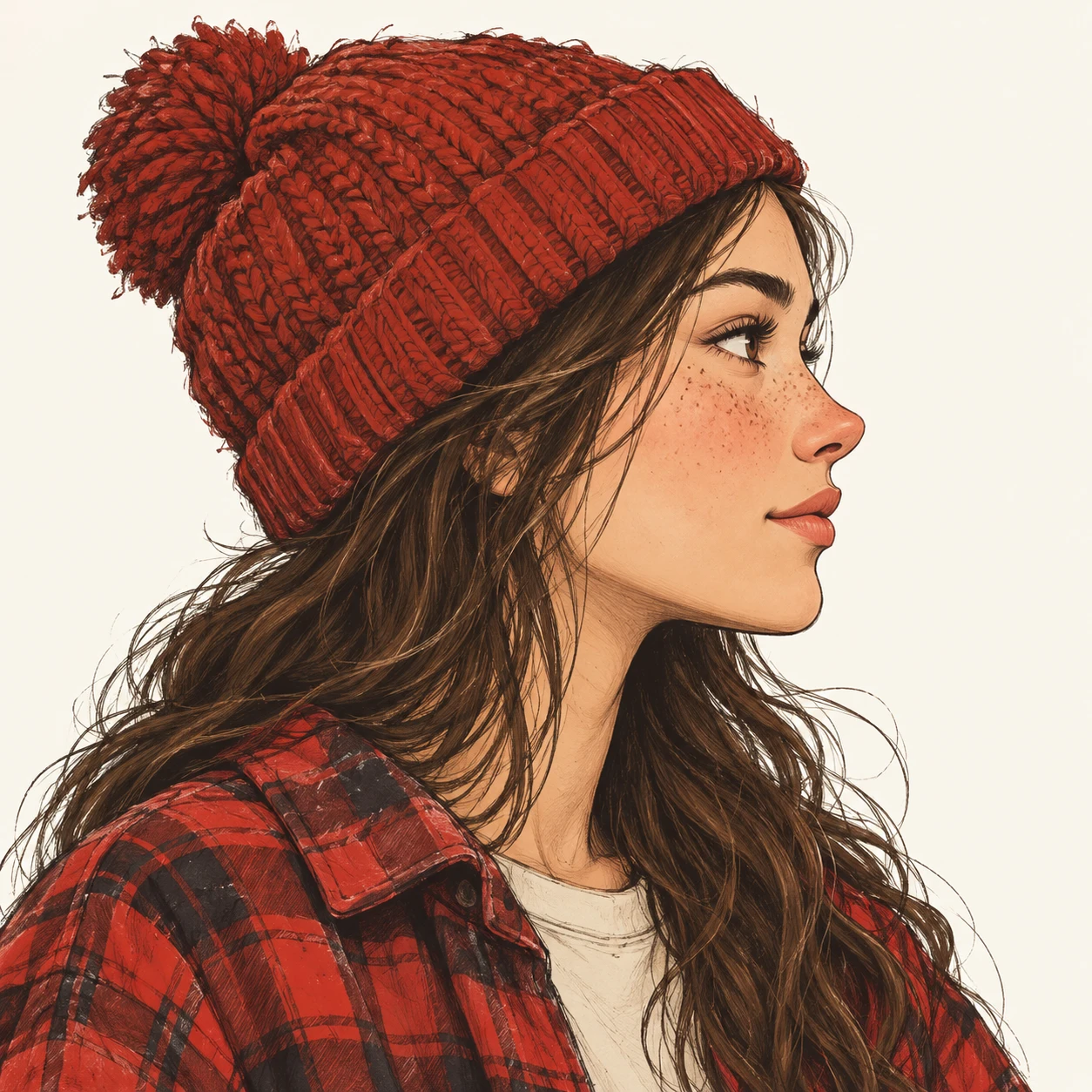 Illustration of one woman in a thick red flannel shirt over a tee with a woolly beanie over long hair, her head and shoulders seen in full profile from the side with her gaze level ahead and a calm closed-mouth expression, closely cropped so the head and shoulders fill most of the picture, hands not visible, a plain pale background behind her, the lower edge left as empty background with nothing written on it (hand-drawn)