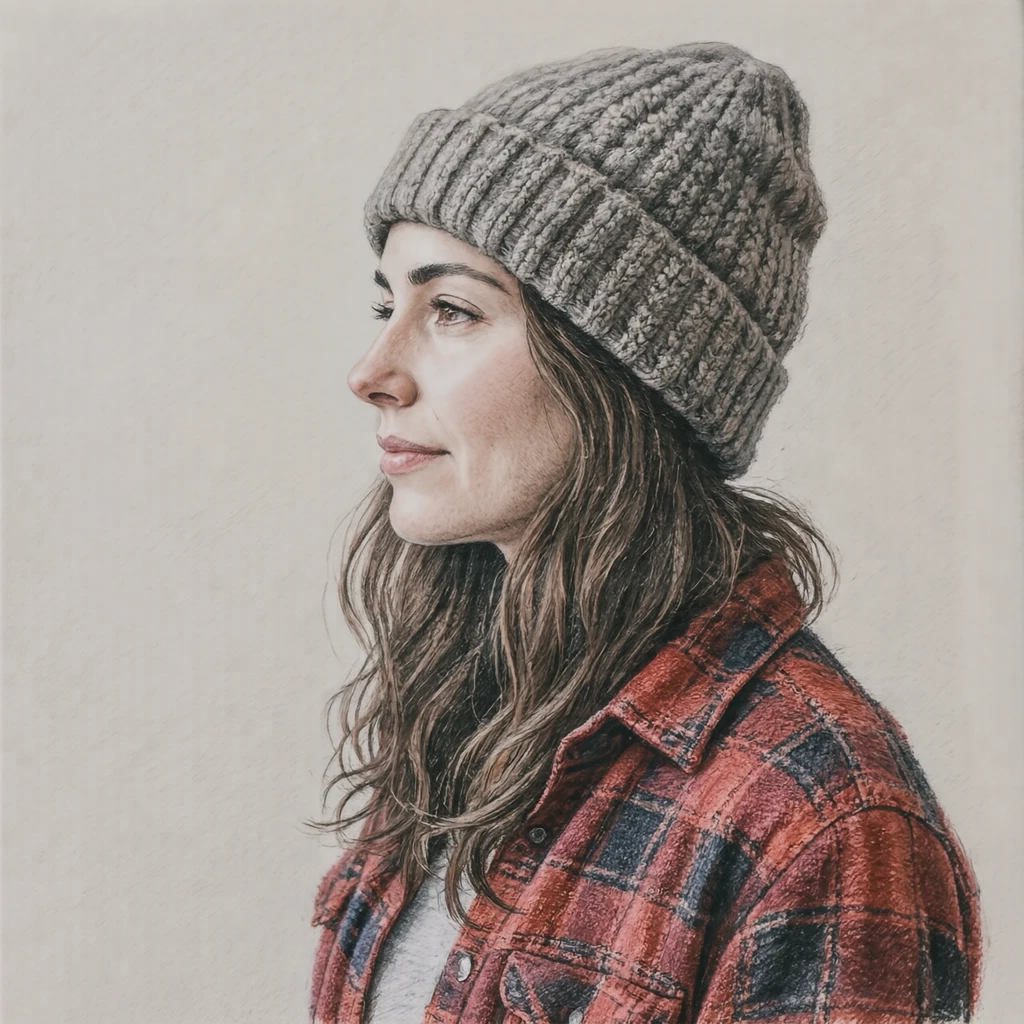Illustration of one woman in a thick red flannel shirt over a tee with a woolly beanie over long hair, her head and shoulders seen in full profile from the side with her gaze level ahead and a calm closed-mouth expression, closely cropped so the head and shoulders fill most of the picture, hands not visible, a plain pale background behind her, the lower edge left as empty background with nothing written on it (colored pencil)