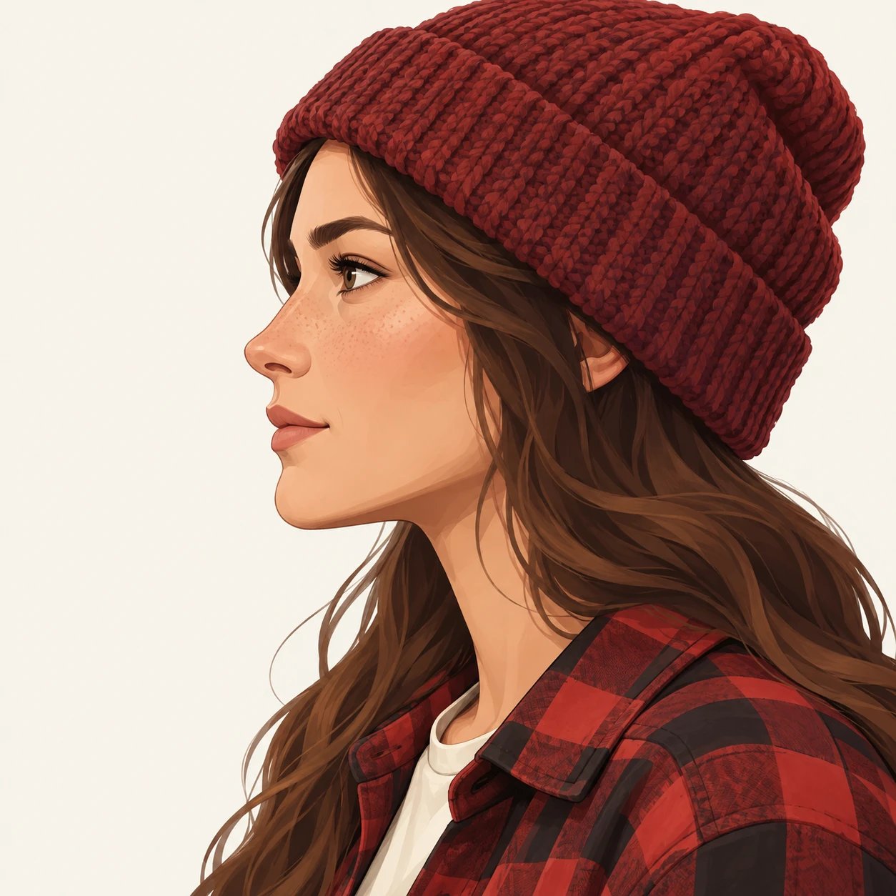 Illustration of one woman in a thick red flannel shirt over a tee with a woolly beanie over long hair, her head and shoulders seen in full profile from the side with her gaze level ahead and a calm closed-mouth expression, closely cropped so the head and shoulders fill most of the picture, hands not visible, a plain pale background behind her, the lower edge left as empty background with nothing written on it (isometric)