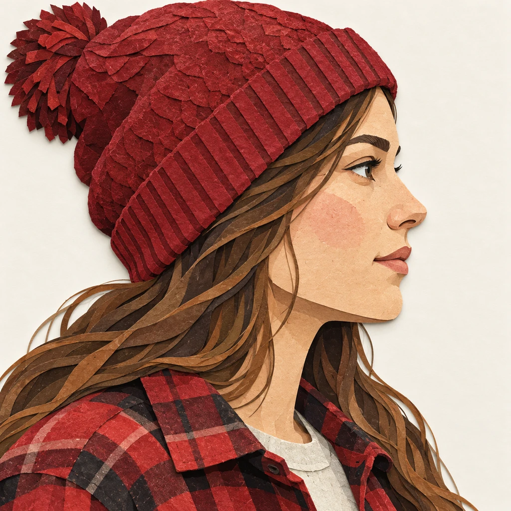 Illustration of one woman in a thick red flannel shirt over a tee with a woolly beanie over long hair, her head and shoulders seen in full profile from the side with her gaze level ahead and a calm closed-mouth expression, closely cropped so the head and shoulders fill most of the picture, hands not visible, a plain pale background behind her, the lower edge left as empty background with nothing written on it (paper cut-out)