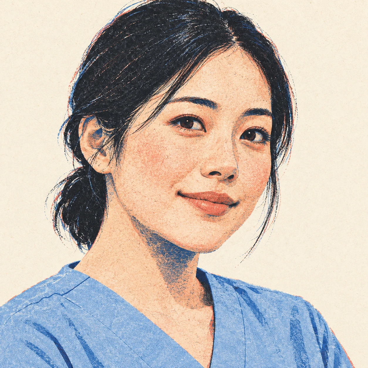 하늘색 스크럽을 입은 여성의 프로필 아이콘 (레트로 인쇄)