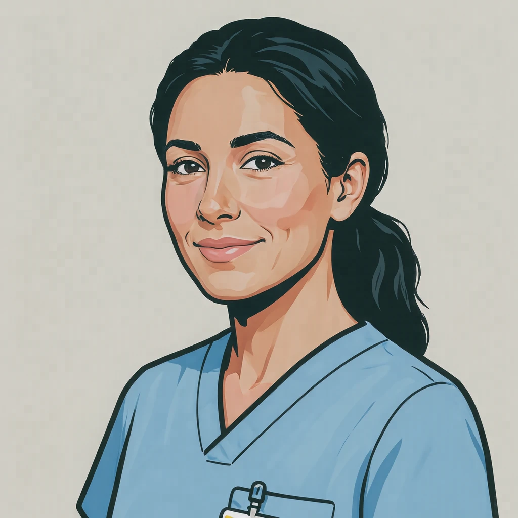 Illustration of one woman in pale blue care-worker scrubs with her black hair tied back, her head and shoulders seen at a three-quarter angle with her face turned slightly to one side, both eyes visible and looking at the viewer with a calm closed-mouth smile, closely cropped so the head and shoulders fill most of the picture, hands not visible, a plain pale background behind her, the lower edge left as empty background with nothing written on it (bold graphic)