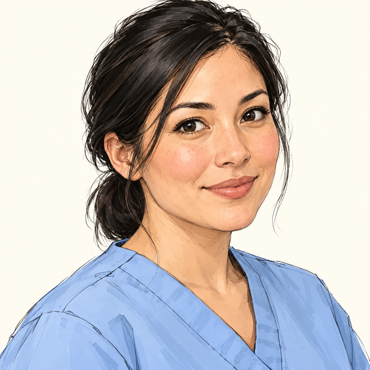 Illustration of one woman in pale blue care-worker scrubs with her black hair tied back, her head and shoulders seen at a three-quarter angle with her face turned slightly to one side, both eyes visible and looking at the viewer with a calm closed-mouth smile, closely cropped so the head and shoulders fill most of the picture, hands not visible, a plain pale background behind her, the lower edge left as empty background with nothing written on it (hand-drawn)