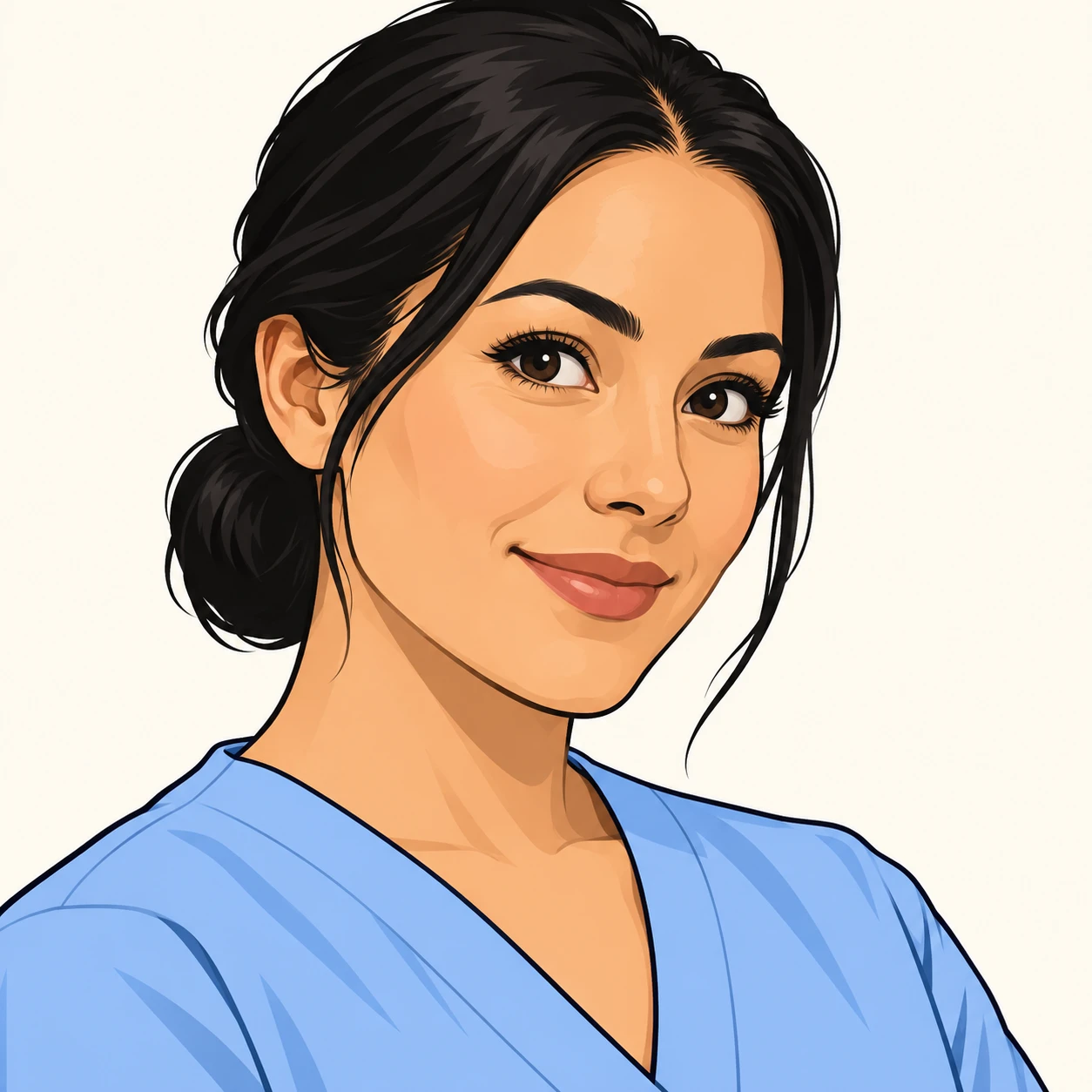Illustration of one woman in pale blue care-worker scrubs with her black hair tied back, her head and shoulders seen at a three-quarter angle with her face turned slightly to one side, both eyes visible and looking at the viewer with a calm closed-mouth smile, closely cropped so the head and shoulders fill most of the picture, hands not visible, a plain pale background behind her, the lower edge left as empty background with nothing written on it (bold graphic)