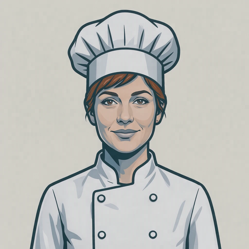 Illustration of one woman in a white chef's jacket and a tall chef's hat over short chestnut hair, her head and shoulders seen straight from the front with both eyes looking at the viewer and a calm closed-mouth smile, closely cropped so the head and shoulders fill most of the picture, hands not visible, a plain pale background behind her, the lower edge left as empty background with nothing written on it (bold graphic)