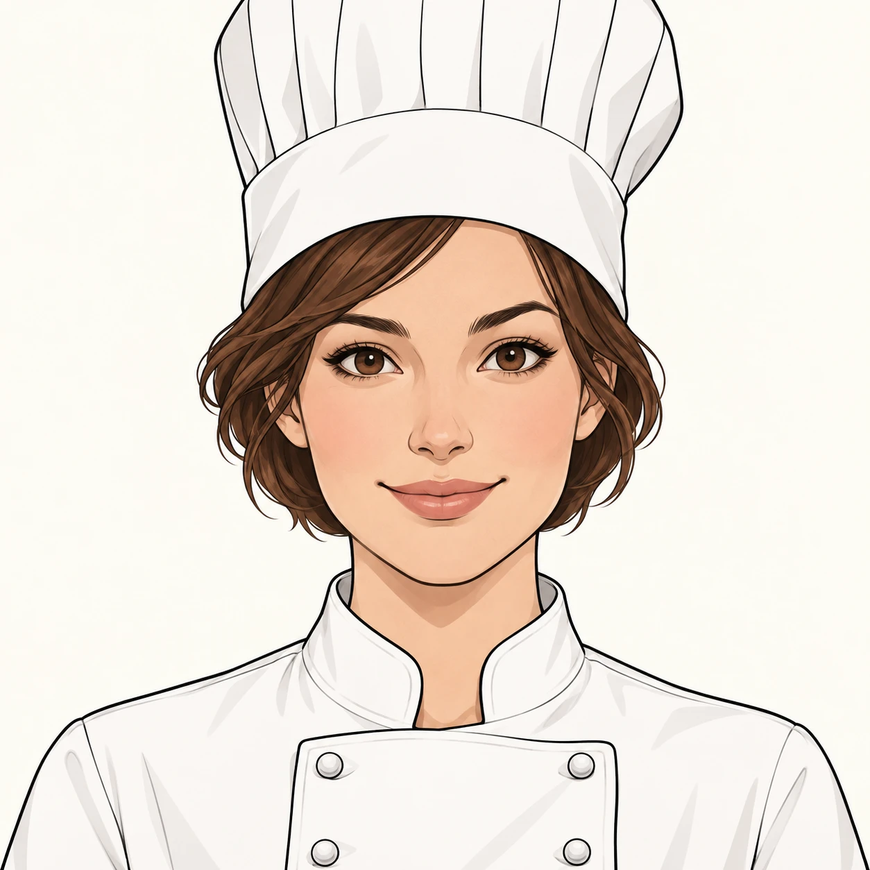 Illustration of one woman in a white chef's jacket and a tall chef's hat over short chestnut hair, her head and shoulders seen straight from the front with both eyes looking at the viewer and a calm closed-mouth smile, closely cropped so the head and shoulders fill most of the picture, hands not visible, a plain pale background behind her, the lower edge left as empty background with nothing written on it (simple line art)