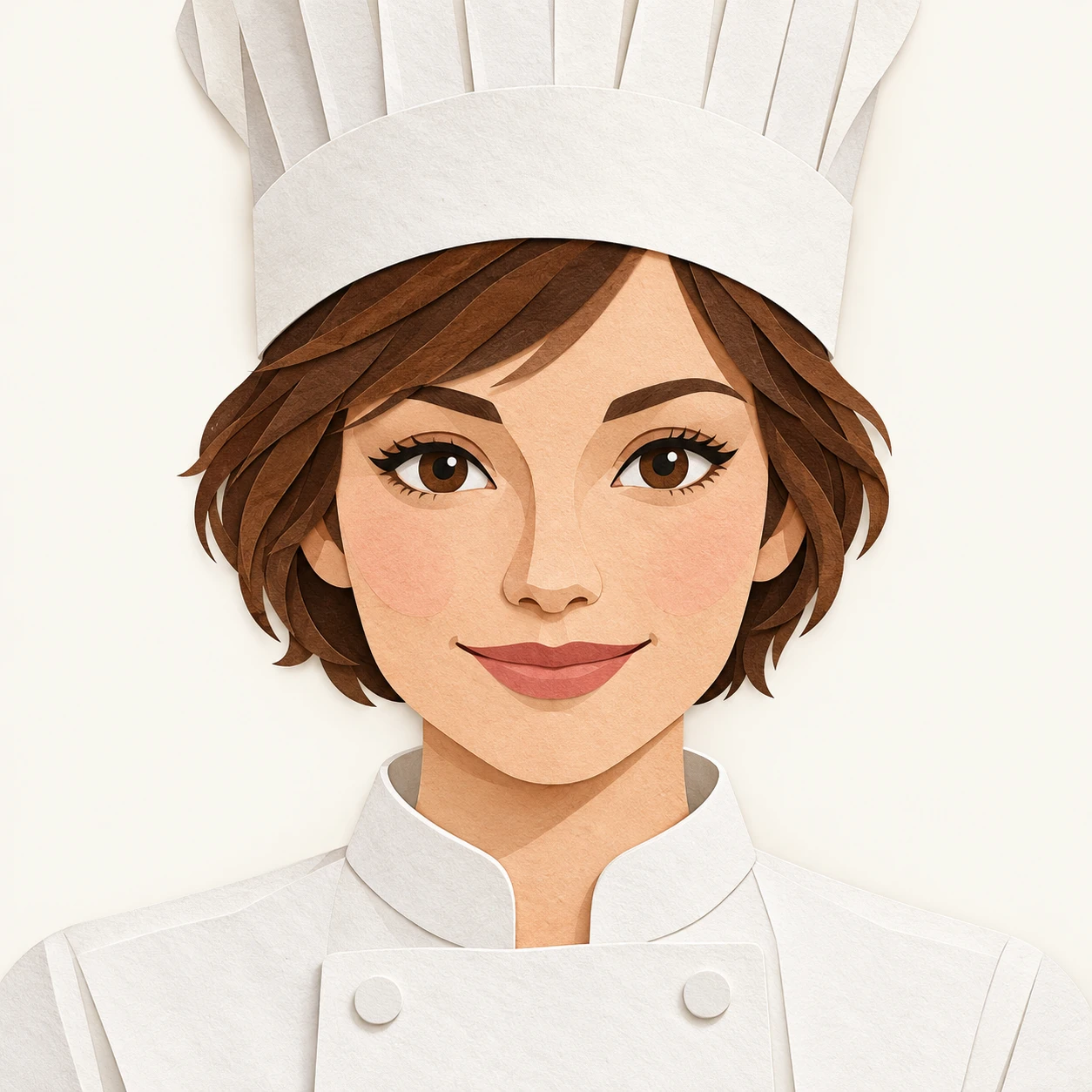 Illustration of one woman in a white chef's jacket and a tall chef's hat over short chestnut hair, her head and shoulders seen straight from the front with both eyes looking at the viewer and a calm closed-mouth smile, closely cropped so the head and shoulders fill most of the picture, hands not visible, a plain pale background behind her, the lower edge left as empty background with nothing written on it (paper cut-out)