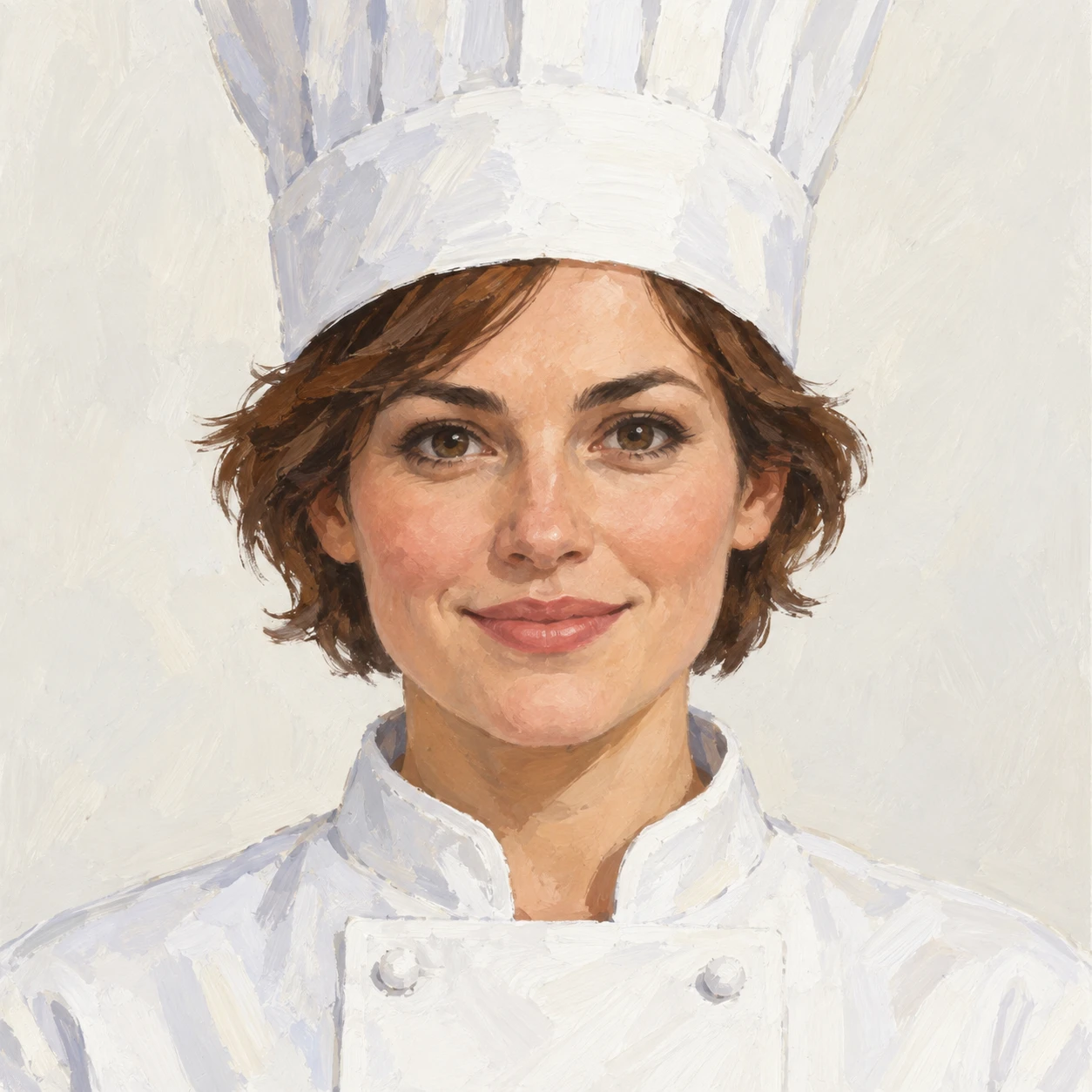 Illustration of one woman in a white chef's jacket and a tall chef's hat over short chestnut hair, her head and shoulders seen straight from the front with both eyes looking at the viewer and a calm closed-mouth smile, closely cropped so the head and shoulders fill most of the picture, hands not visible, a plain pale background behind her, the lower edge left as empty background with nothing written on it (gouache)