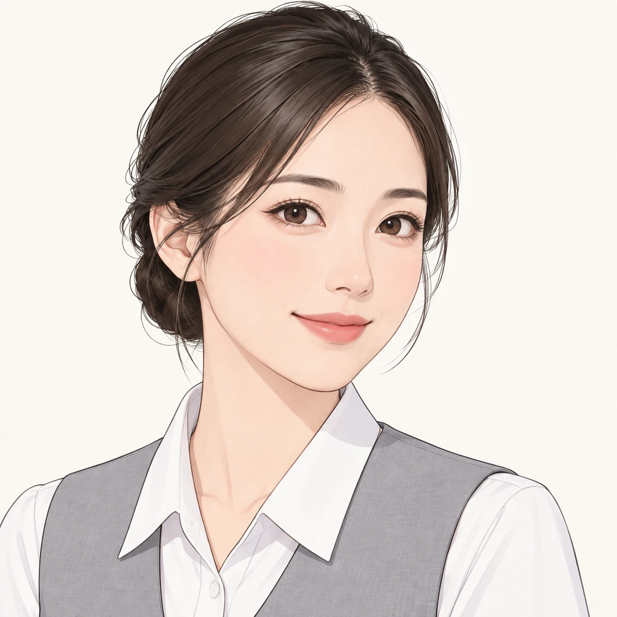 Illustration of one woman in a light grey civic office vest over a white blouse with neatly tied back hair, her head and shoulders seen at a three-quarter angle with her face turned slightly to one side, both eyes visible and looking at the viewer with a calm closed-mouth smile, closely cropped so the head and shoulders fill most of the picture, hands not visible, a plain pale background behind her, the lower edge left as empty background with nothing written on it (simple line art)