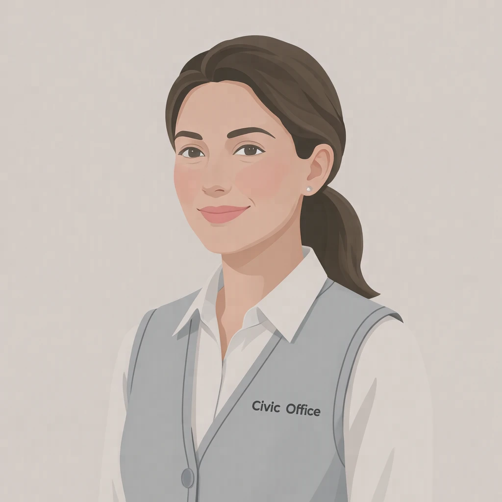 Illustration of one woman in a light grey civic office vest over a white blouse with neatly tied back hair, her head and shoulders seen at a three-quarter angle with her face turned slightly to one side, both eyes visible and looking at the viewer with a calm closed-mouth smile, closely cropped so the head and shoulders fill most of the picture, hands not visible, a plain pale background behind her, the lower edge left as empty background with nothing written on it (flat illustration)