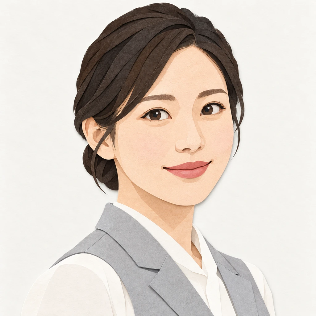Illustration of one woman in a light grey civic office vest over a white blouse with neatly tied back hair, her head and shoulders seen at a three-quarter angle with her face turned slightly to one side, both eyes visible and looking at the viewer with a calm closed-mouth smile, closely cropped so the head and shoulders fill most of the picture, hands not visible, a plain pale background behind her, the lower edge left as empty background with nothing written on it (paper cut-out)