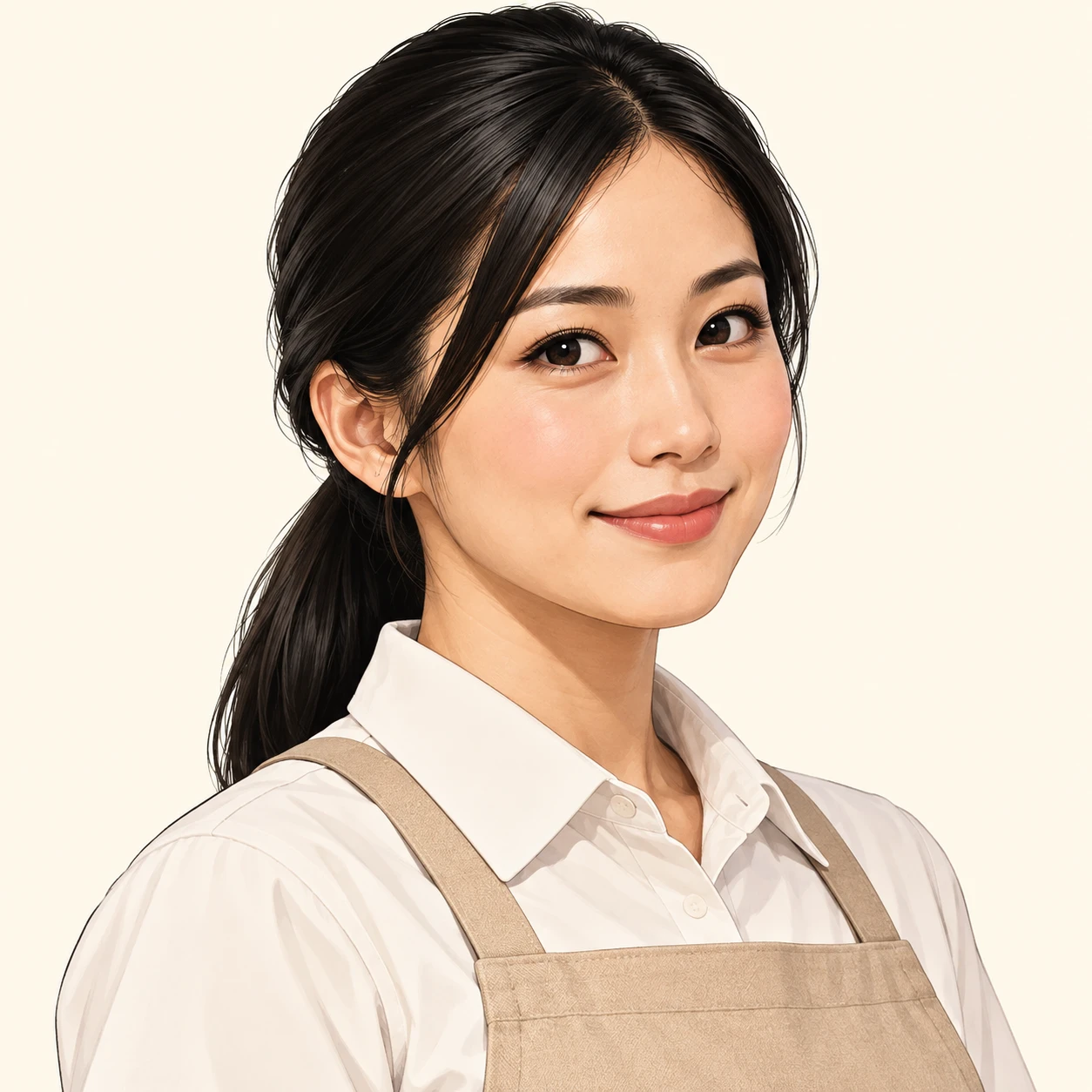 Illustration of one woman in a store uniform shirt with a plain canvas apron and tidy black hair in a low ponytail, her head and shoulders seen at a three-quarter angle with her face turned slightly to one side, both eyes visible and looking at the viewer with a calm closed-mouth smile, closely cropped so the head and shoulders fill most of the picture, hands not visible, a plain pale background behind her, the lower edge left as empty background with nothing written on it (bold graphic)