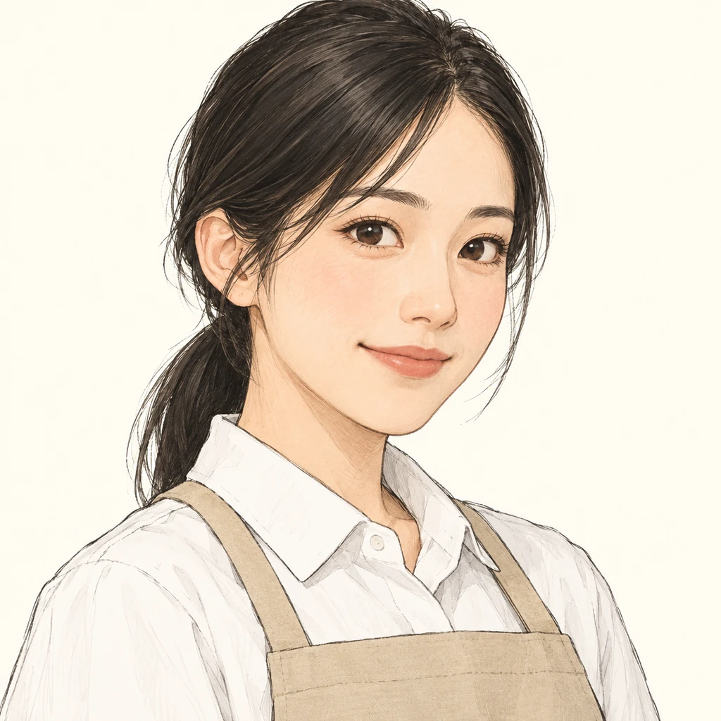 店の制服にエプロン姿の女性のプロフィール用画像（手描き風）