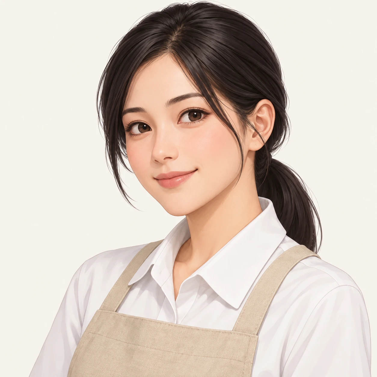 Illustration of one woman in a store uniform shirt with a plain canvas apron and tidy black hair in a low ponytail, her head and shoulders seen at a three-quarter angle with her face turned slightly to one side, both eyes visible and looking at the viewer with a calm closed-mouth smile, closely cropped so the head and shoulders fill most of the picture, hands not visible, a plain pale background behind her, the lower edge left as empty background with nothing written on it (isometric)