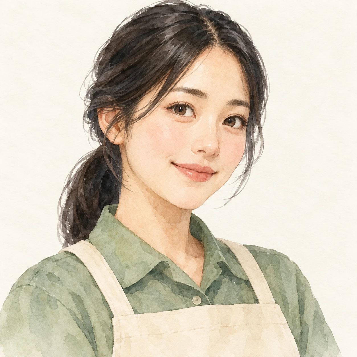 Illustration of one woman in a store uniform shirt with a plain canvas apron and tidy black hair in a low ponytail, her head and shoulders seen at a three-quarter angle with her face turned slightly to one side, both eyes visible and looking at the viewer with a calm closed-mouth smile, closely cropped so the head and shoulders fill most of the picture, hands not visible, a plain pale background behind her, the lower edge left as empty background with nothing written on it (watercolor)