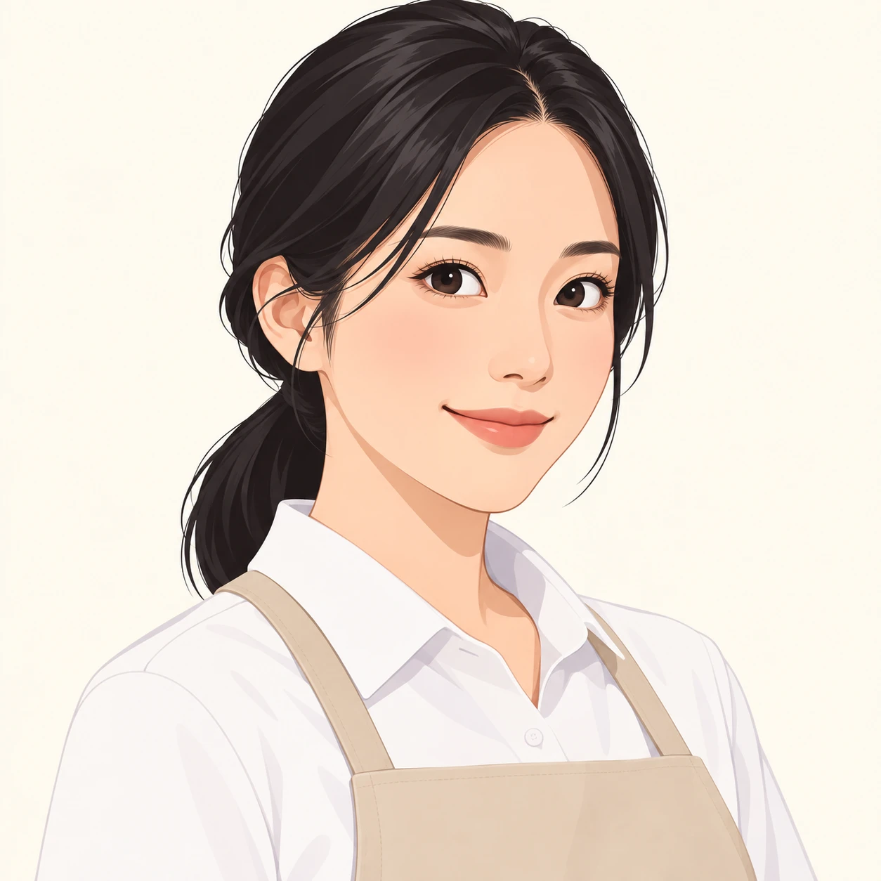 Illustration of one woman in a store uniform shirt with a plain canvas apron and tidy black hair in a low ponytail, her head and shoulders seen at a three-quarter angle with her face turned slightly to one side, both eyes visible and looking at the viewer with a calm closed-mouth smile, closely cropped so the head and shoulders fill most of the picture, hands not visible, a plain pale background behind her, the lower edge left as empty background with nothing written on it (flat illustration)