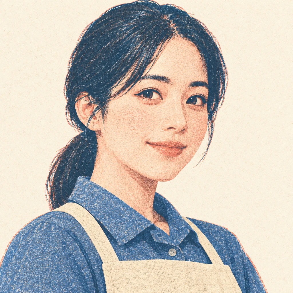 Illustration of one woman in a store uniform shirt with a plain canvas apron and tidy black hair in a low ponytail, her head and shoulders seen at a three-quarter angle with her face turned slightly to one side, both eyes visible and looking at the viewer with a calm closed-mouth smile, closely cropped so the head and shoulders fill most of the picture, hands not visible, a plain pale background behind her, the lower edge left as empty background with nothing written on it (retro print)