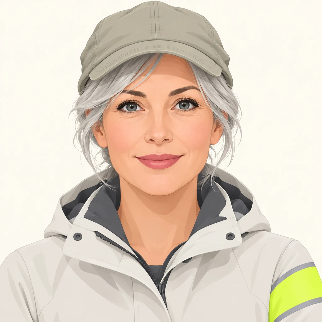 Illustration of one woman in a high-visibility armband over a light jacket with a soft cap and silver grey hair, her head and shoulders seen straight from the front with both eyes looking at the viewer and a calm closed-mouth smile, closely cropped so the head and shoulders fill most of the picture, hands not visible, a plain pale background behind her, the lower edge left as empty background with nothing written on it (flat illustration)