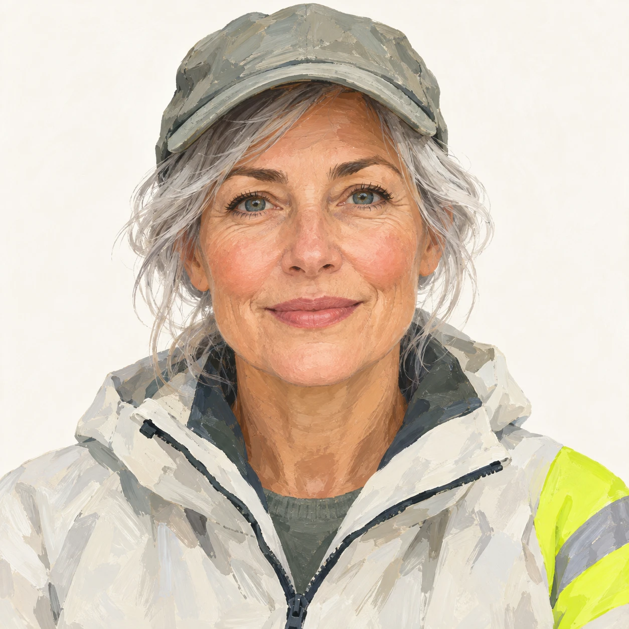 Illustration of one woman in a high-visibility armband over a light jacket with a soft cap and silver grey hair, her head and shoulders seen straight from the front with both eyes looking at the viewer and a calm closed-mouth smile, closely cropped so the head and shoulders fill most of the picture, hands not visible, a plain pale background behind her, the lower edge left as empty background with nothing written on it (gouache)
