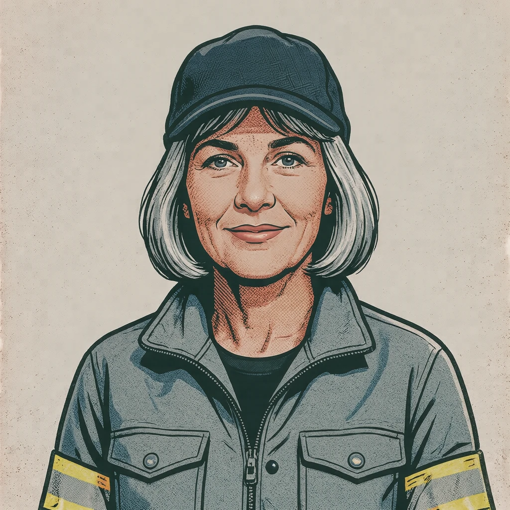 Illustration of one woman in a high-visibility armband over a light jacket with a soft cap and silver grey hair, her head and shoulders seen straight from the front with both eyes looking at the viewer and a calm closed-mouth smile, closely cropped so the head and shoulders fill most of the picture, hands not visible, a plain pale background behind her, the lower edge left as empty background with nothing written on it (retro print)