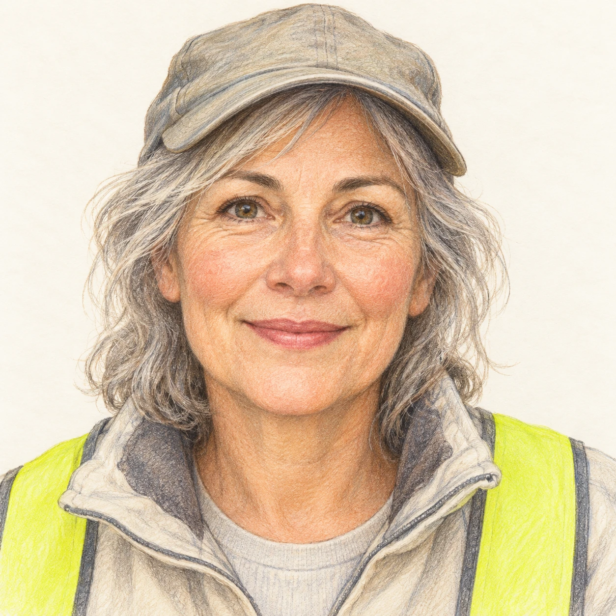 Illustration of one woman in a high-visibility armband over a light jacket with a soft cap and silver grey hair, her head and shoulders seen straight from the front with both eyes looking at the viewer and a calm closed-mouth smile, closely cropped so the head and shoulders fill most of the picture, hands not visible, a plain pale background behind her, the lower edge left as empty background with nothing written on it (colored pencil)