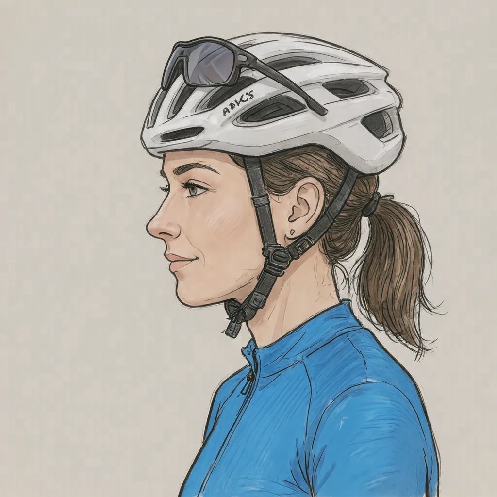 Illustration of one woman in a sleek white cycling helmet and a plain bright blue cycling jersey with sport sunglasses resting on top of the helmet and a short ponytail, her head and shoulders seen in full profile from the side with her gaze level ahead and a calm closed-mouth expression, closely cropped so the head and shoulders fill most of the picture, hands not visible, a plain pale background behind her, the lower edge left as empty background with nothing written on it (hand-drawn)