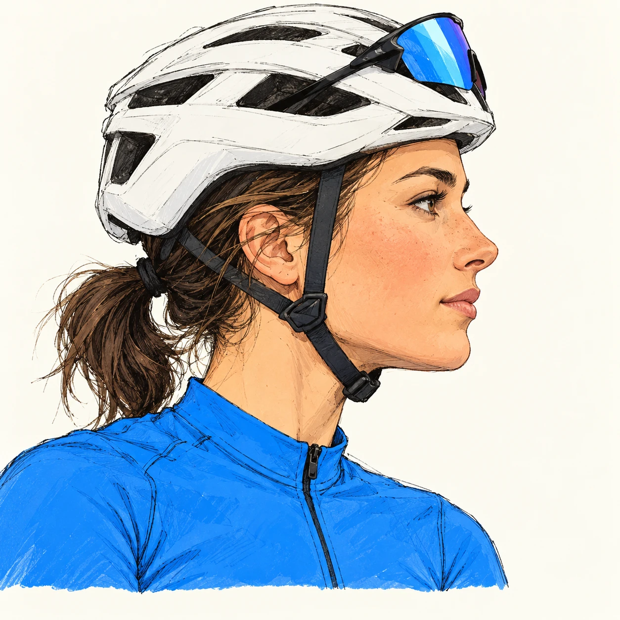 Illustration of one woman in a sleek white cycling helmet and a plain bright blue cycling jersey with sport sunglasses resting on top of the helmet and a short ponytail, her head and shoulders seen in full profile from the side with her gaze level ahead and a calm closed-mouth expression, closely cropped so the head and shoulders fill most of the picture, hands not visible, a plain pale background behind her, the lower edge left as empty background with nothing written on it (hand-drawn)