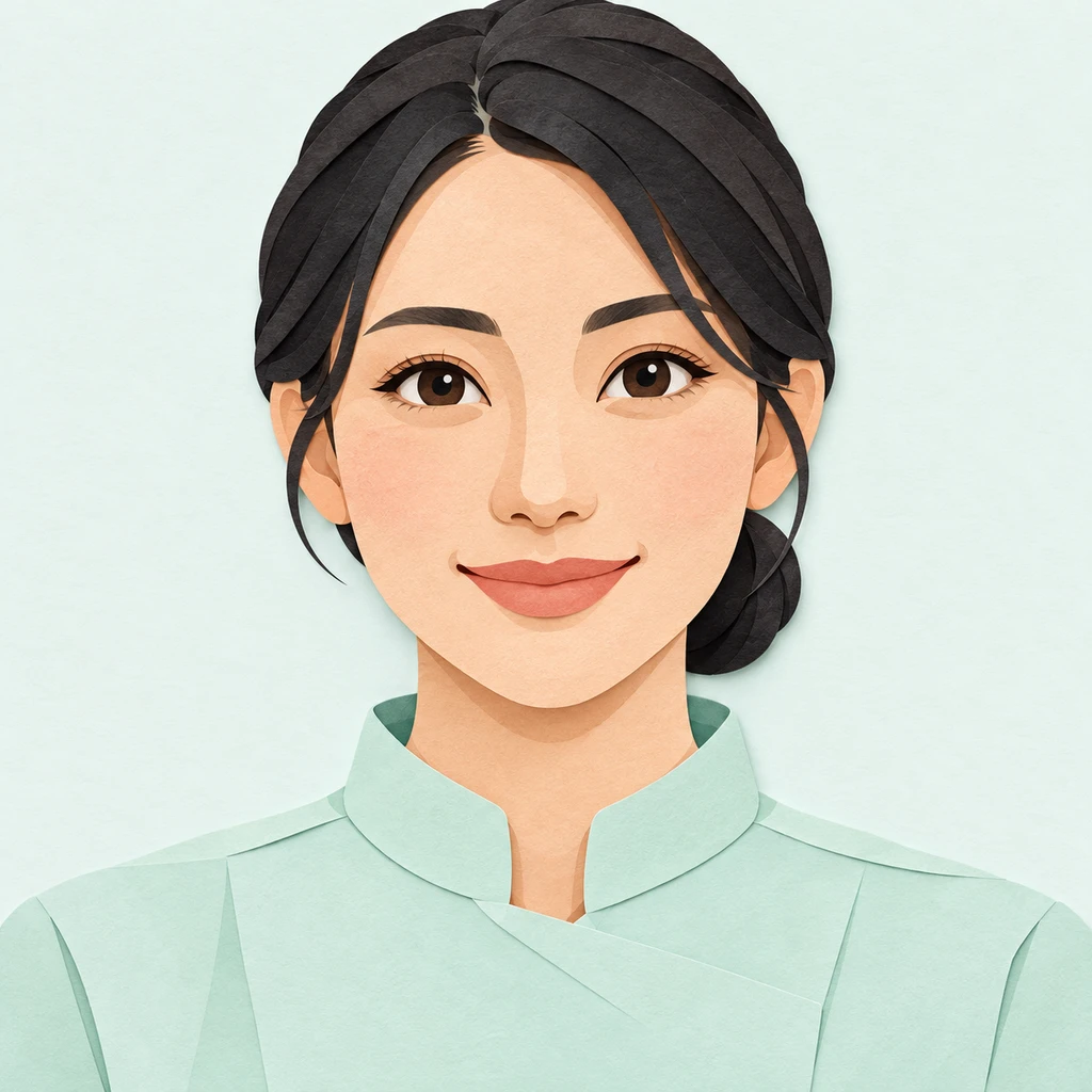 Illustration of one woman in a pale mint dental tunic with a raised collar and neat black hair in a low bun, her head and shoulders seen straight from the front with both eyes looking at the viewer and a calm closed-mouth smile, closely cropped so the head and shoulders fill most of the picture, hands not visible, a plain pale background behind her, the lower edge left as empty background with nothing written on it (paper cut-out)