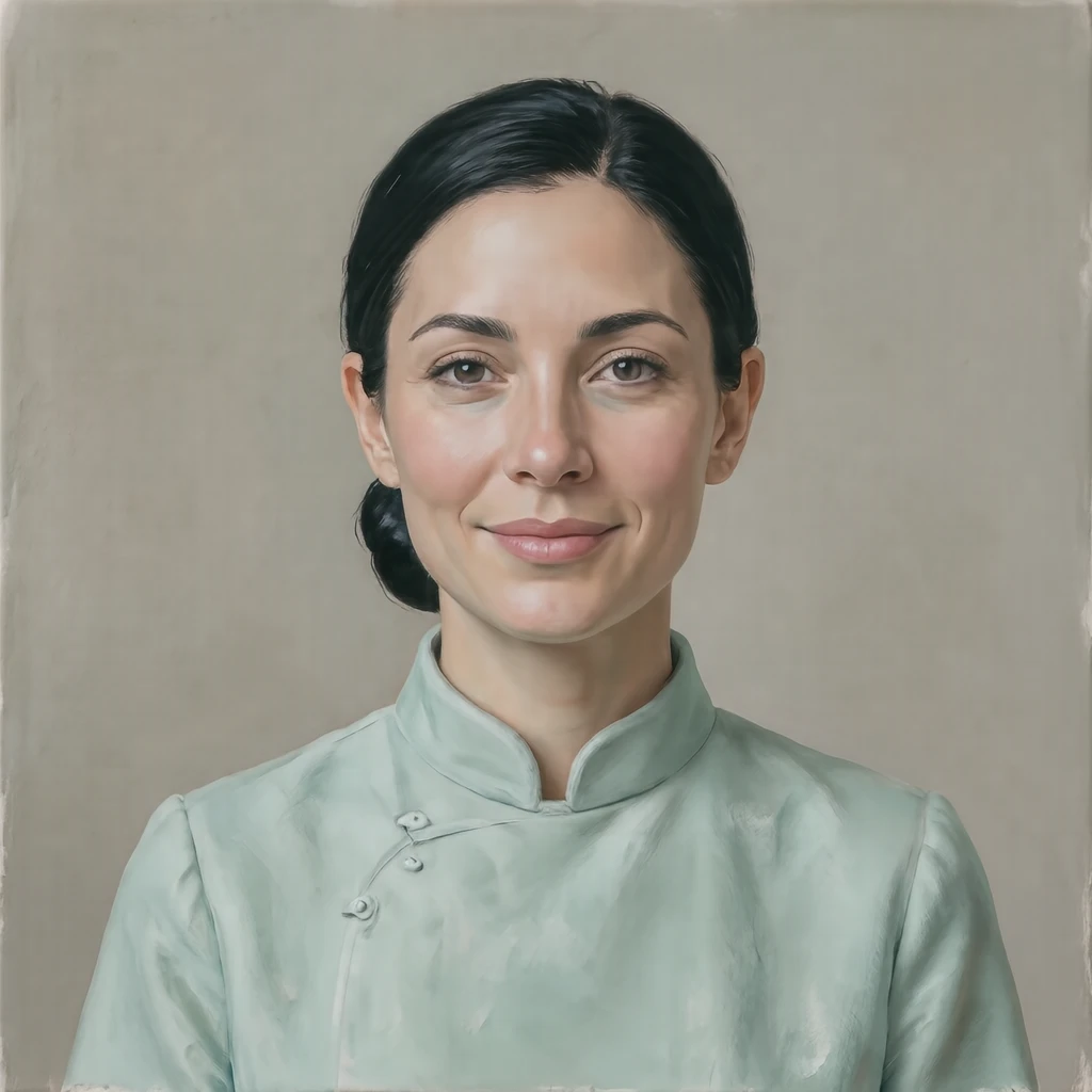 Illustration of one woman in a pale mint dental tunic with a raised collar and neat black hair in a low bun, her head and shoulders seen straight from the front with both eyes looking at the viewer and a calm closed-mouth smile, closely cropped so the head and shoulders fill most of the picture, hands not visible, a plain pale background behind her, the lower edge left as empty background with nothing written on it (gouache)